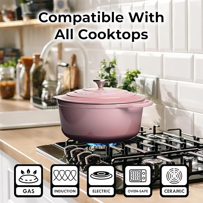 Zulay Kitchen 5 Quart Enameled Cast Iron Dutch Oven Pot with Lid ??Premium Durability & Oven Safe up to 500째F ??Heavy Duty Cookware Perfect for Bread Baking, Stews, Braising & Roasting ??Pink