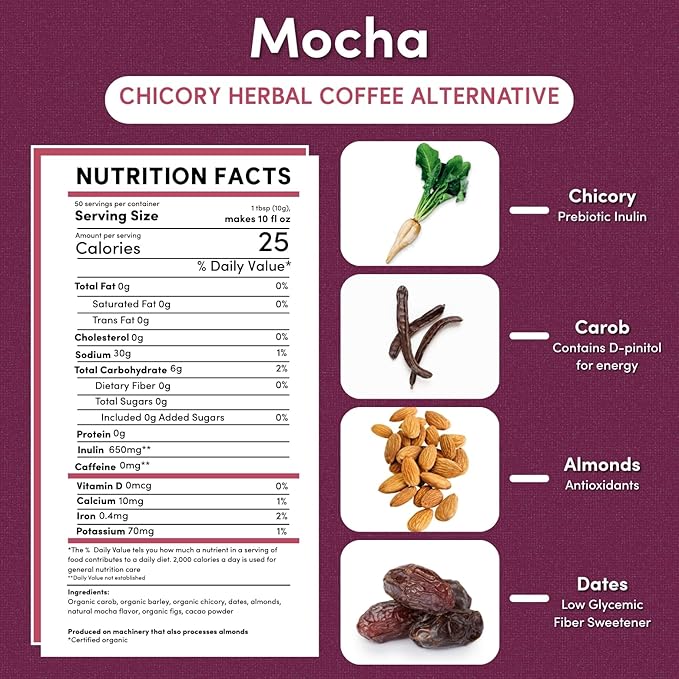 Teeccino Mocha Chicory Coffee Alternative, 1.1 Pound - Ground Herbal Coffee That?™s Prebiotic, Caffeine-Free & Acid Free, Medium Roast