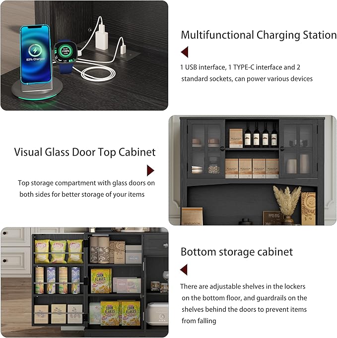 68" Pantry Cabinet with Charging Station, Kitchen Pantry Storage Cabinet with Microwave Stand, Kitchen Hutch Cabinet with Storage Drawers, Food Pantry Cabinets with Countertop for Dining Room(Black)