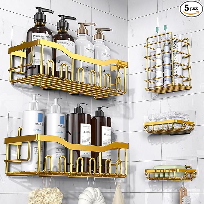 EUDELE 5-Pack Rustproof Stainless Steel Shower Caddy ??No Drill Adhesive Bathroom Organizer with Large Capacity, Spacious Shower Shelves for Inside Shower, Kitchen & Home Decor Storage-XL Size