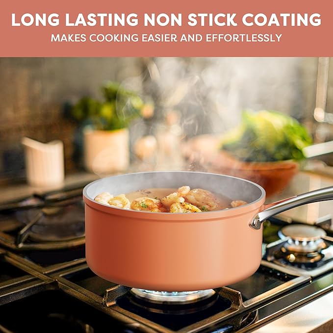 CIARRA Non Stick Frying Pan (10.2") & Ceramic Sauce Pan (3qt) - Non Toxic, PTFE & PFOA Free - Oven Safe & Compatible with All Stovetops, Orange