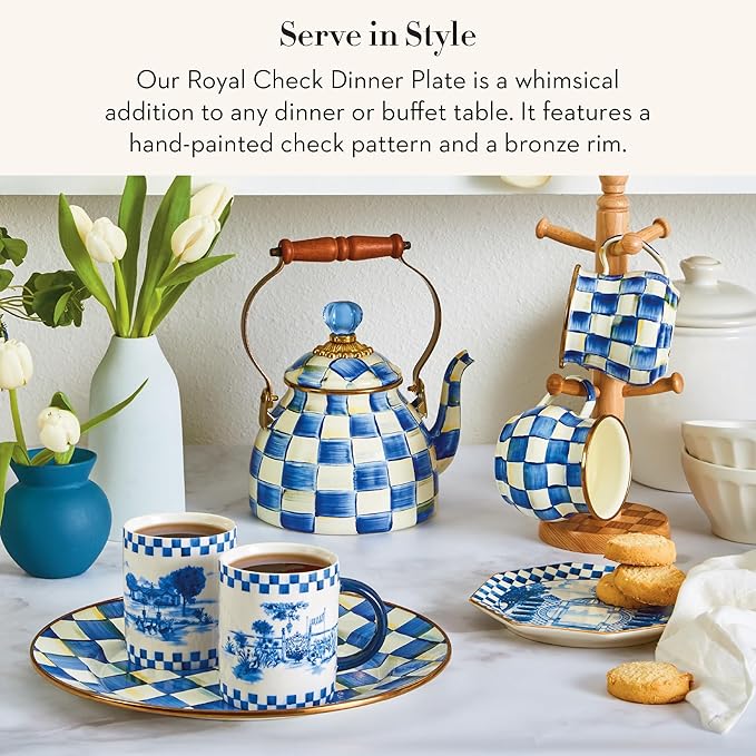 MACKENZIE-CHILDS Enamel Dinner Plate, Decorative Dinnerware Plate, 10 Inches, Set of 1, Blue-and-White Royal Check