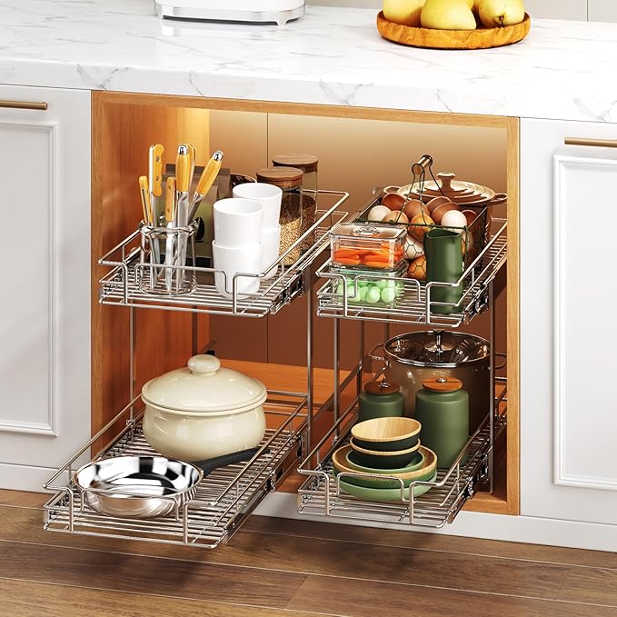 2 Tier Individual Pull Out Cabinet Organizer 15쩍" W x 21쩍" D, Heavy Duty Cabinet Pull Out Shelves, Slide Out Drawers Organization for Kitchen Cabinets Bathroom