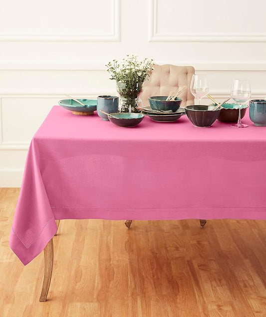 Solino Home Square Linen Tablecloth 52 x 52 Inch - 100% Pure Linen Flamingo Pink Table Throw - Classic Hemstitch, Machine Washable Table Cloth for Valentines, Spring, Easter
