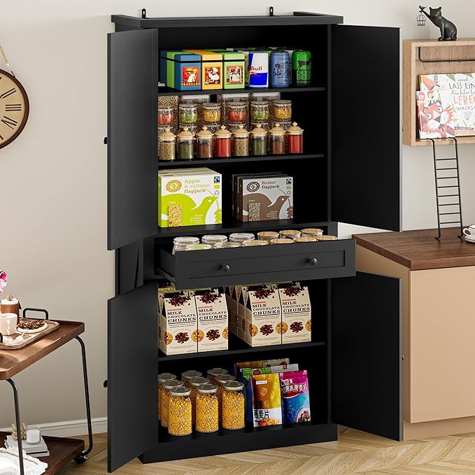 Pantry Organizers and Storage Cabinet, 70??Barn Door White Kitchen Cabinet with Drawers and Adjustable Shelf, Tall Pantry for Kitchen, Dining Room, Living Room Bedroom