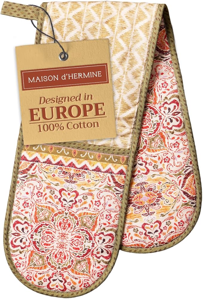 Maison d' Hermine Double Oven Mitt (7" x 35") 100% Cotton Heat Resistant BBQ Cooking Gloves with Loop for Thanksgiving Christmas Decorations Baking Cooking Barbeque Handling Hot Pan (Damask)
