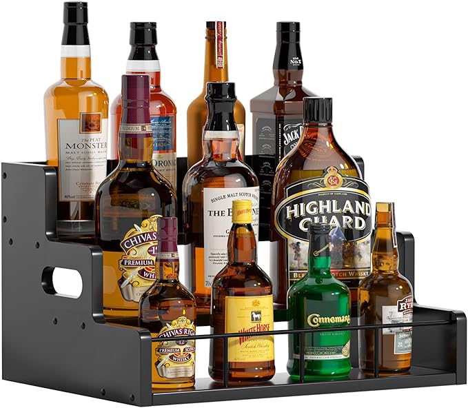 Liquor Bottle Display Shelf,Wood Syrup Organizer Rack,3 Step Countertop Organizer Wine Rack,Rustic Coffee Station Accessories for Syrup (Black)