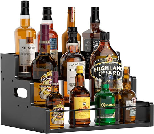 Liquor Bottle Display Shelf,Wood Syrup Organizer Rack,3 Step Countertop Organizer Wine Rack,Rustic Coffee Station Accessories for Syrup (Black)