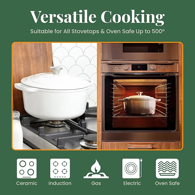 Larder & Vine Enameled Cast Iron 5.7qt Dutch Oven Pot with Lid | Bread Baking | Compatible on All Cooktops & Oven Safe to 500째 F | Great for Sourdough Bread | White