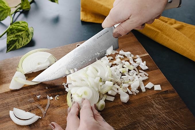 DURA LIVING 8-Inch Chef Knife ??Ultra-Sharp German High Carbon Stainless Steel, Full Tang, Ergonomic Handle, Multipurpose Kitchen Knife for Chopping, Slicing, and Dicing, Cream