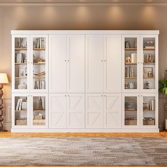 Vyre 70.8" Tall Farmhouse Bookshelf, Modular Bookcase with Glass Doors, 6-Tier Adjustable Shelves, Large Storage Cabinet for Kitchen, Living Room, White, Set of 4