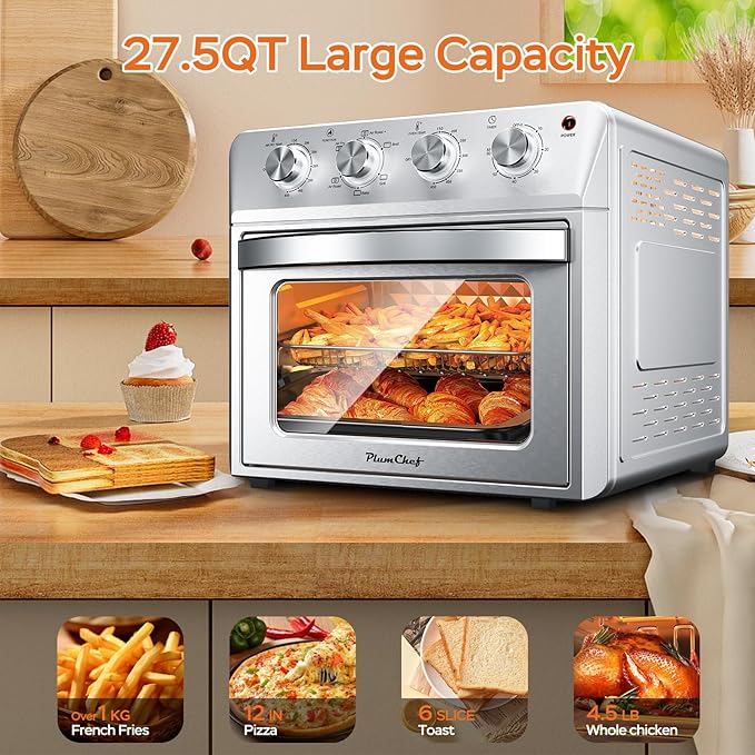 27.5QT 6-in-1 Air Fryer Toaster Oven Extra Large Dropdown-Door 6-Slice Convection Oven for Air Frying, Baking, Roasting, Broiling & Grilling, Stainless Steel Housing, Stainless Steel