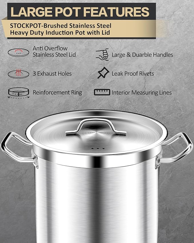 50 Quart Stainless Steel Stock Pot with Lid ??Heavy Duty Cooking Pot for Soup, Commercial Soup Pots, 3-Ply Induction Bottom, Oven Safe