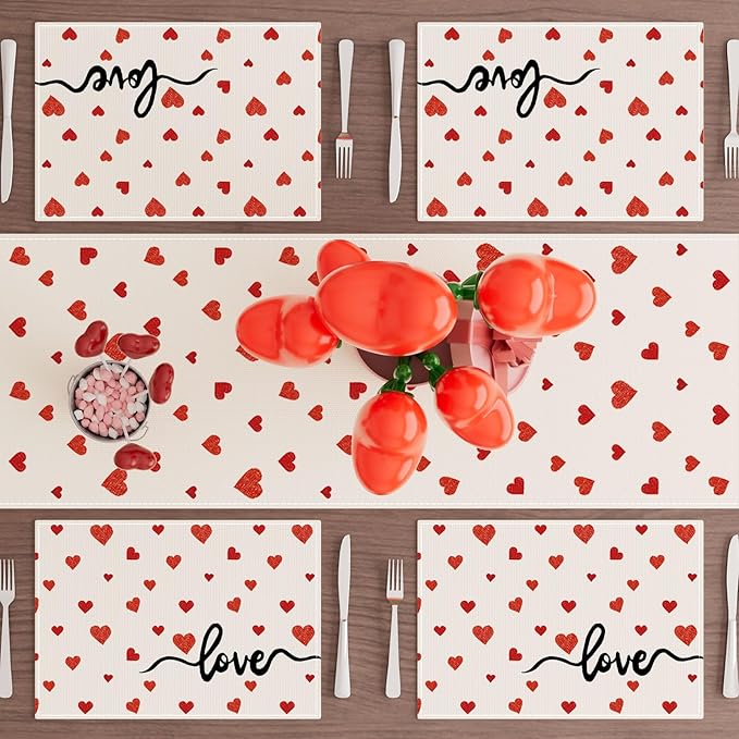 XCHI Red Little Love Hearts Valentine's Day Placemats Set of 6 Table Mats for Party Home Kitchen Dining Table Decorations 12x18 Inch