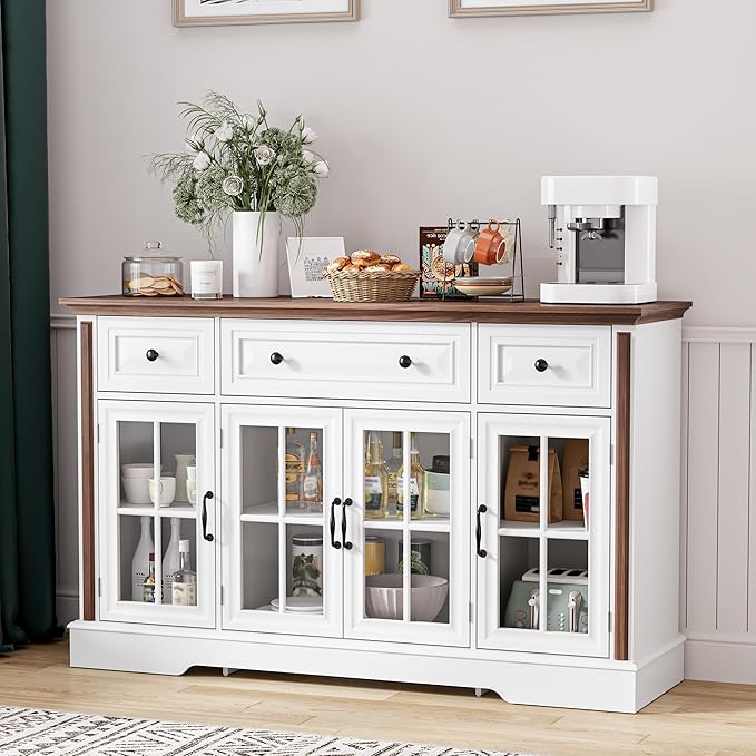 Sideboard Buffet Cabinet with Storage, 4 Glass Doors & 3 Drawers, 53.5" Farmhouse Modern Credenza Console Table with Adjustable Shelves, Coffee Bar Cabinet for Kitchen Dining Living Room, White