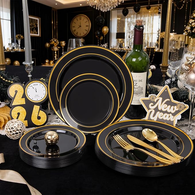 350 Pieces Black and Gold Plastic Plates with Disposable Silverware, Include 50 Dinner Plates 9?? 50 Dessert Plates 6.3?? 50 Black Cups 9 OZ, 50 Pre Rolled Napkins for New Year