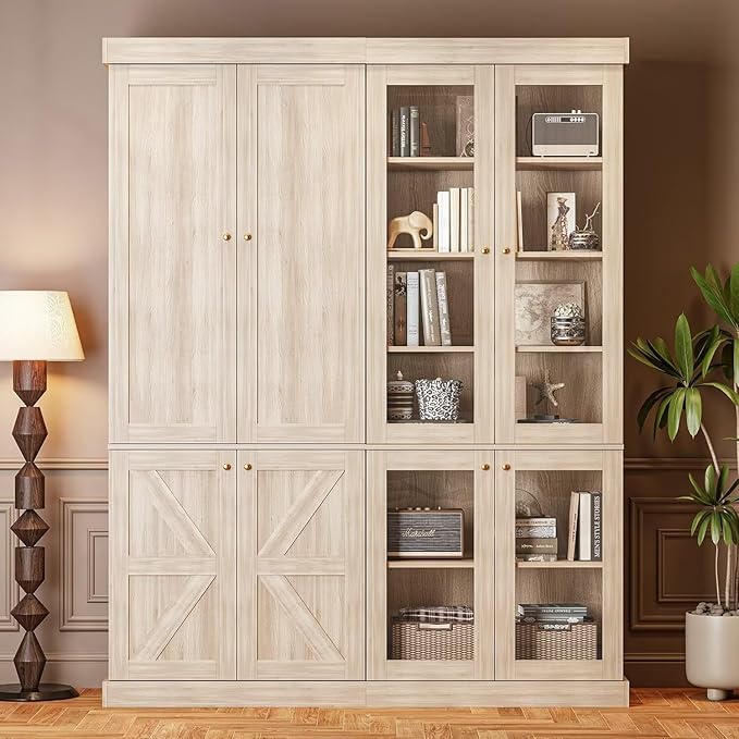 Vyre 70.8" Tall Farmhouse Bookshelf, Modular Bookcase with Glass Doors, 6-Tier Adjustable Shelves, Large Storage Cabinet for Kitchen, Living Room, Brown, Set of 2