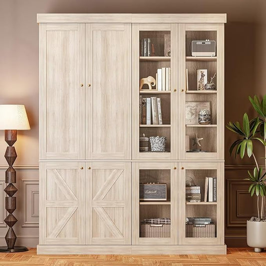 Vyre 70.8" Tall Farmhouse Bookshelf, Modular Bookcase with Glass Doors, 6-Tier Adjustable Shelves, Large Storage Cabinet for Kitchen, Living Room, Brown, Set of 2
