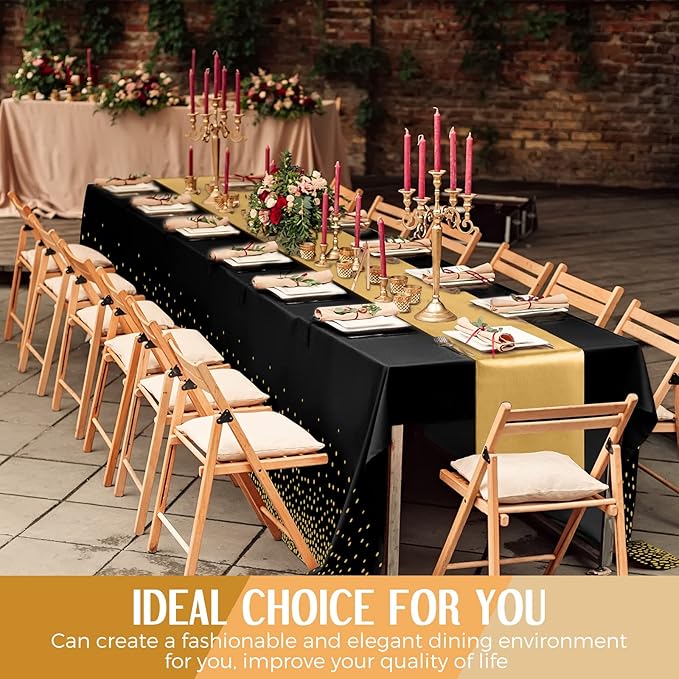 Tudomro 12 Pcs Black and Gold Disposable Plastic Tablecloths and Satin Table Runner Set 54x108 Inch Tablecloth 12x108 Inch Table Runners for New Year Wedding Birthday Baby Shower Graduation