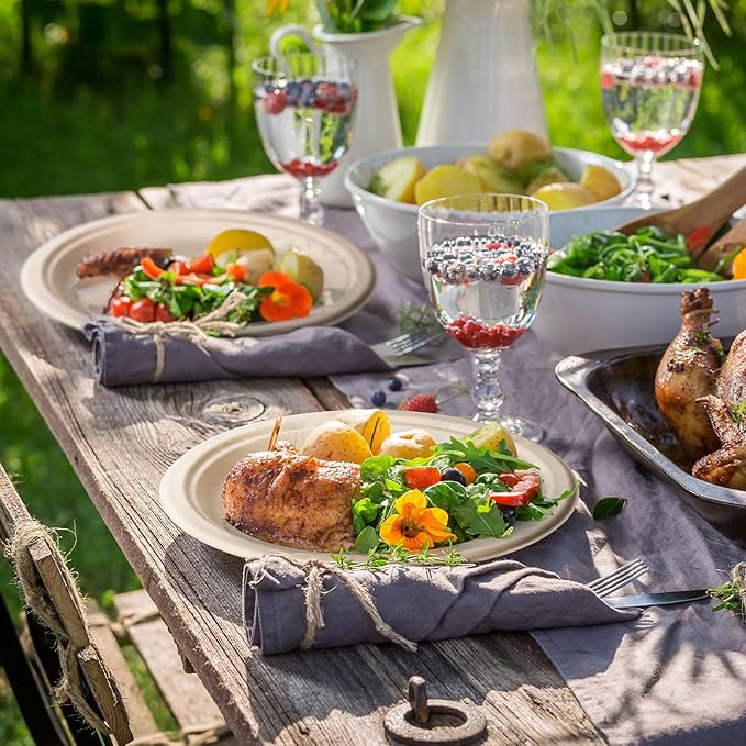 100% Compostable Plates 9 Inch 125 Pack, Heavy Duty Disposable Paper Plates Eco-Friendly Unbleached Biodegradable Sugarcane Bagasse Natural Dinner Plate