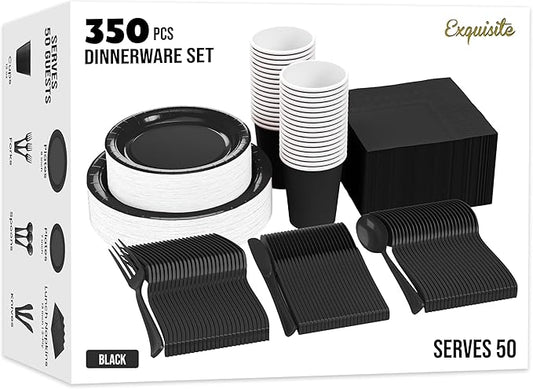 Exquisite 350 Pcs Black Paper Plates For Party, Black Disposable Plates Set, 50 Of Each 9" Dinner Plate Set, 7" Dessert Plate, Cups, Napkins & Cutlery Paper Dinnerware
