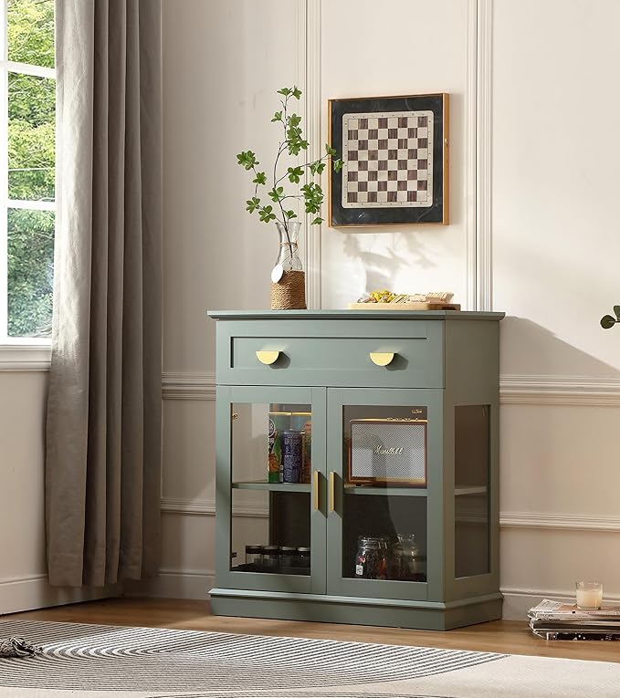 31.5'' Small Buffet Cabinet with Glass Doors,Small Coffee Bar Cabinet with Storage,Modern Sideboard Buffet with Adjustable Shelf and a Drawer,for Kitchen and Living Room,Green