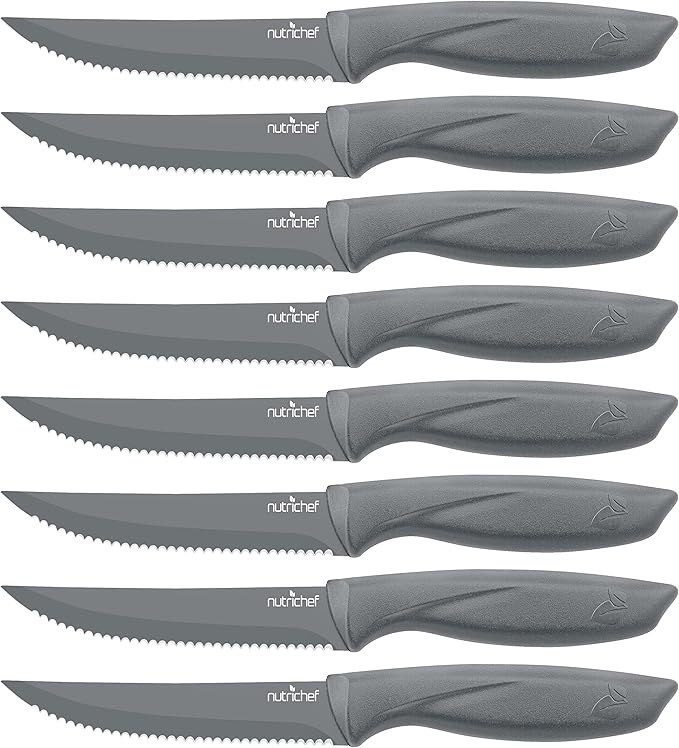 NutriChef Steak Knife Set of 8 - Premium Serrated Stainless Steel Kitchen Knife Set - Ergonomic Design, Sharp Blades, Non-Stick, & Rust-Resistant - Perfect for Home, BBQ's & Restaurants Gray