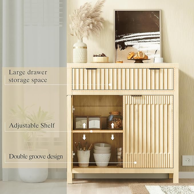 FLOWBACK Fluted Buffet Cabinet with Storage,34" Tall Kitchen Sideboard Cabinet Modern Credenza with Fluted Doors & Shelves Farmhouse Coffee Bar Media Console Accent Cabinets for Living Room, Entryway