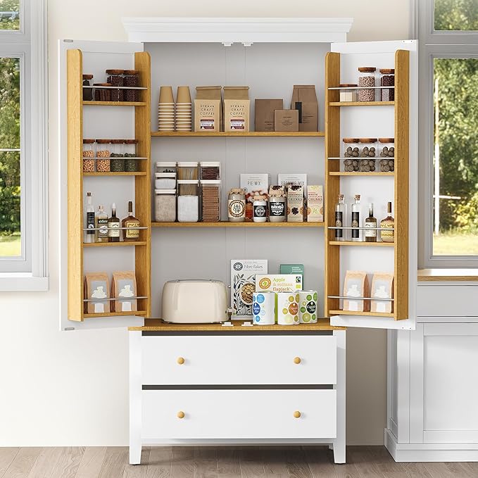 RoyalCraft 70'' Tall Kitchen Pantry Cabinet, Large Storage Cabinet with 8 Door Shelves, White Kitchen Cabinet with 2 Drawers & Adjustable Shelves for Dining Room, Living Room, Laundry