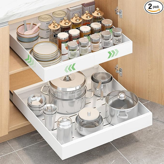 Expandable Pull-Out Cabinet Organizer - White, 21" D x Adjustable Width 12.6-20.47", No Drill Adhesive Installation with 3-Slide Rails for Kitchen Storage (2 Pack)