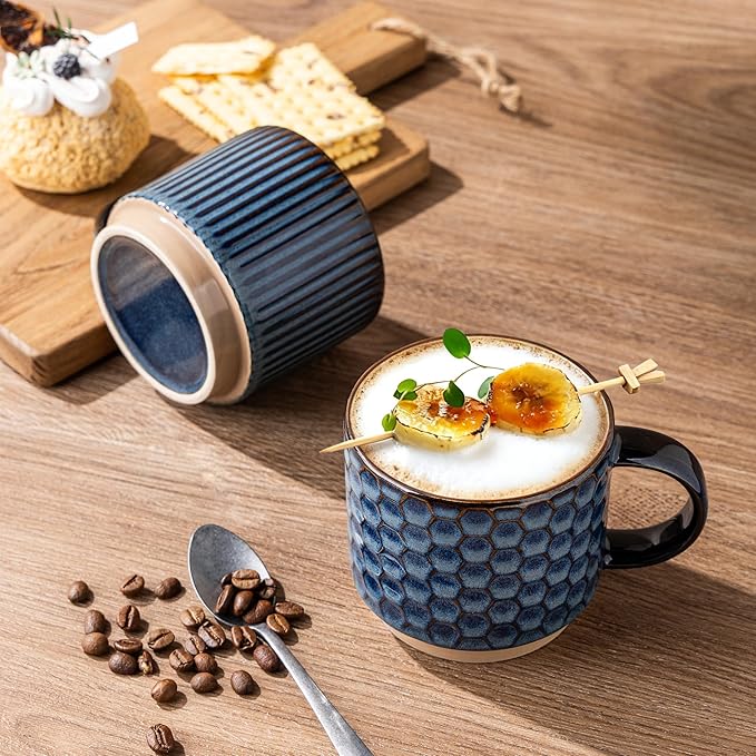 GBhome 12 OZ Stackable Coffee Mugs, Ceramic Coffee Mugs with Texture Patterns for Man,Woman,Dad,Mom, Modern Coffee Mugs Set of 4 for Latte/Cappuccino/Cocoa. Dishwasher&Microwave Safe