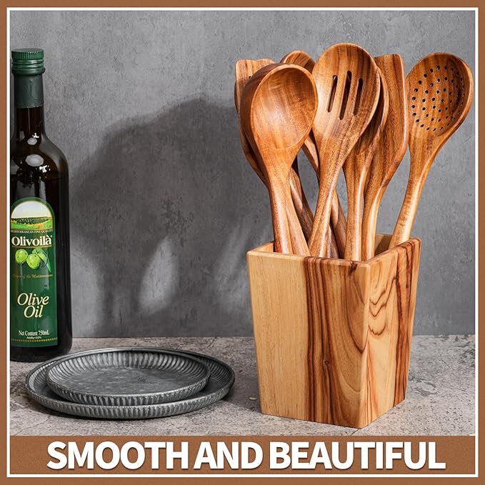 Gudamaye 13 inch Long Wooden Spoons for Cooking, 9 PCS Natural Teak Wooden Kitchen Utensil Set with Utensils Holder Made of Australia Camphor Laurel Wood竊똚ooden Utensils for Cooking
