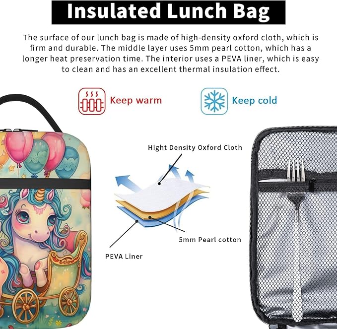 VANZEV Insulated Lunch Box for Women Men, Cute Unicorn Lunch Box Reusable Portable Lunch Bag Cooler Tote Waterproof Lunch Container for Office Picnic Work Travel