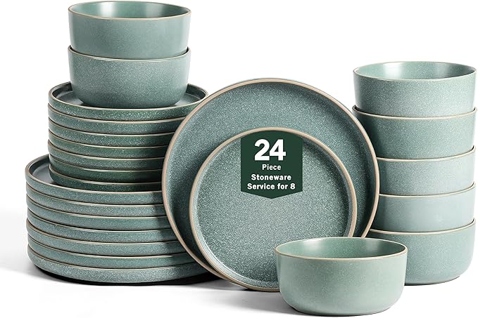 Earth & Clay Amber 24-Piece Dinnerware Set Stoneware, Dishwasher and Microwave Safe Plates and Bowls Set, Dish Set for 8, Green