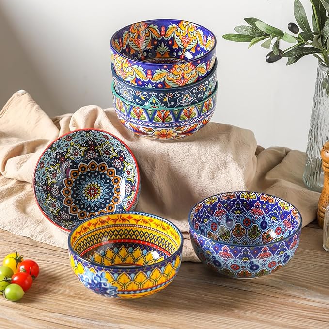 glowworm Cereal Bowls Set of 6, 26 Oz Ceramic Soup Bowls for Kitchen, Colorful Cereal Bowls for Rice, Oatmeal, Fruit, Ice Cream, Dessert, Dishwasher & Microwave safe, Bohemian