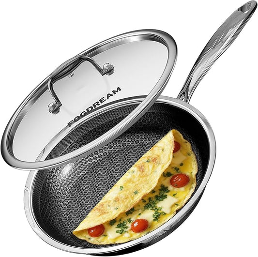 Fogdream 8??Non Stick Frying Pans, Stainless Steel Skillet with Lid, Tri-Ply Stainless Steel for All Cooktops, Dishwasher and Oven-Safe Cooking Pan, Stay-Cool Handle, Silver