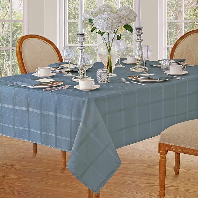 Newbridge 60 x 84 Inch Oval Fabric Tablecloth, Elegance Plaid, 100% Polyester, No Iron Soil Resistant Dining Room, Party and Banquet Table Cover, Solid Textured, Shadow Blue