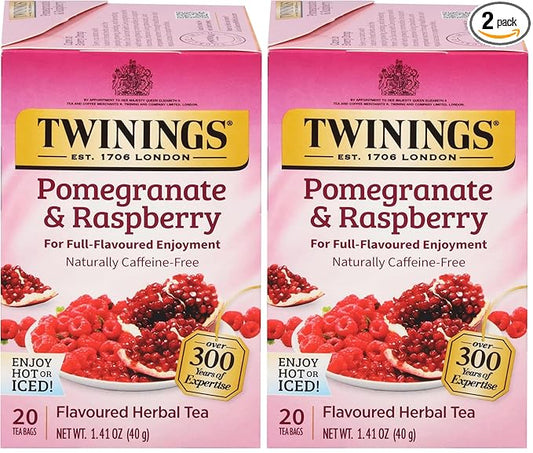 Twinings Pomegranate & Raspberry Herbal Tea Individually Wrapped Bags, 20 Count (Pack of 2), Naturally Caffeine-Free, Enjoy Hot or Iced, 20 Teabags