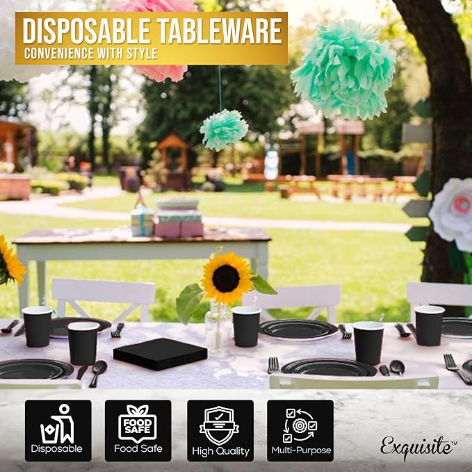Exquisite 350 Pcs Black Paper Plates For Party, Black Disposable Plates Set, 50 Of Each 9" Dinner Plate Set, 7" Dessert Plate, Cups, Napkins & Cutlery Paper Dinnerware