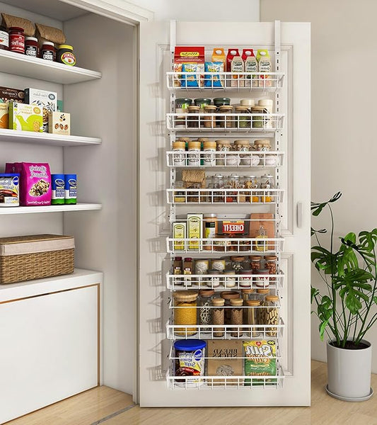 Over The Door Pantry Organizer, Wall Mount Spice Rack, Pantry Hanging Storage and Organization, 8 Adjustable Baskets Heavy-Duty Metal for Home & Kitchen, Back of Door Seasoning Rack - White