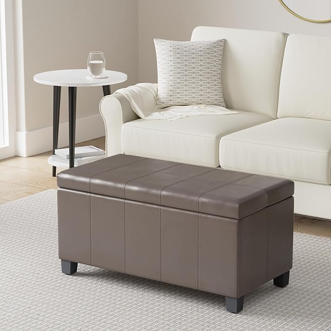 SIMPLIHOME Dover Storage Ottoman Bench - 36 inch Wide Upholstered Vegan Leather Rectangular Lift-Top Ottoman in Chocolate Brown, Contemporary Bench for Living Room with Safety Hinges