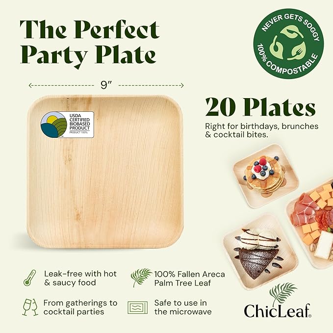 Chic Leaf Palm Leaf Disposable Bamboo Plates - Party Plates for Weddings & Event Appetizers, Indoor Events and Cozy Dinner Family Meal - Biodegradable & Compostable - Party Supplies (9", 20 Pack)