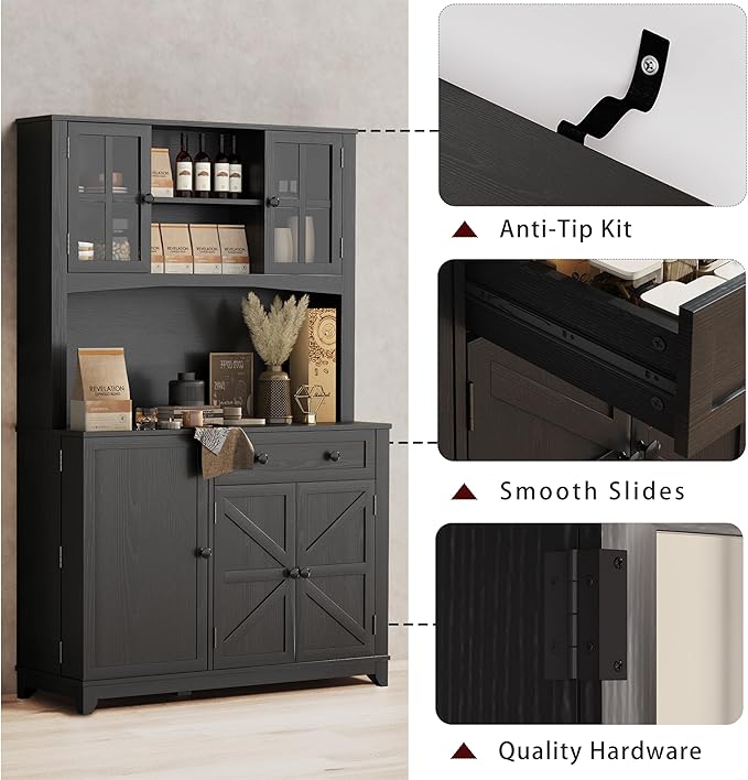 68" Pantry Cabinet with Charging Station, Kitchen Pantry Storage Cabinet with Microwave Stand, Kitchen Hutch Cabinet with Storage Drawers, Food Pantry Cabinets with Countertop for Dining Room(Black)
