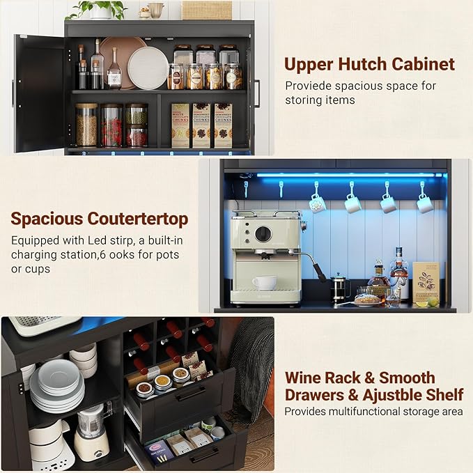 Unikito 72" Tall Pantry Cabinet, Kitchen Pantry Storage Cabinet with LED Light & Outlet, 63" Wide Kitchen Hutch Bar with Microwave Stand, Drawers, Wine Rack & Shelves, Cupboard for Dining Room, White