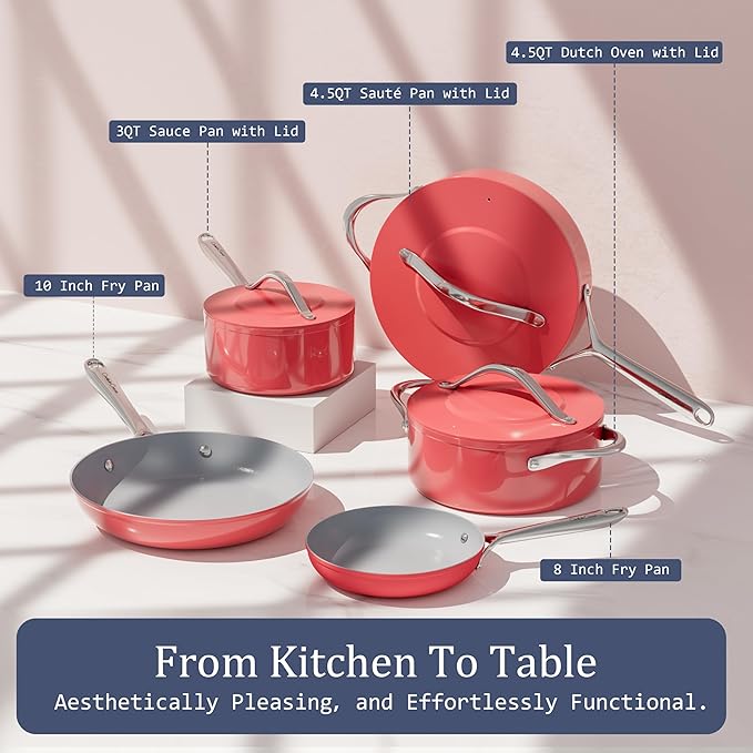Nonstick Ceramic Frying Pan 8 inch for All Cooktops, Healthy PFAS Free Egg Pan, Even & Quick Heat Distribution Oven Safe to 500째F, Healthy Non Toxic Skillet w/ Ergonomic Stay-Cool Handle, Fusion Red