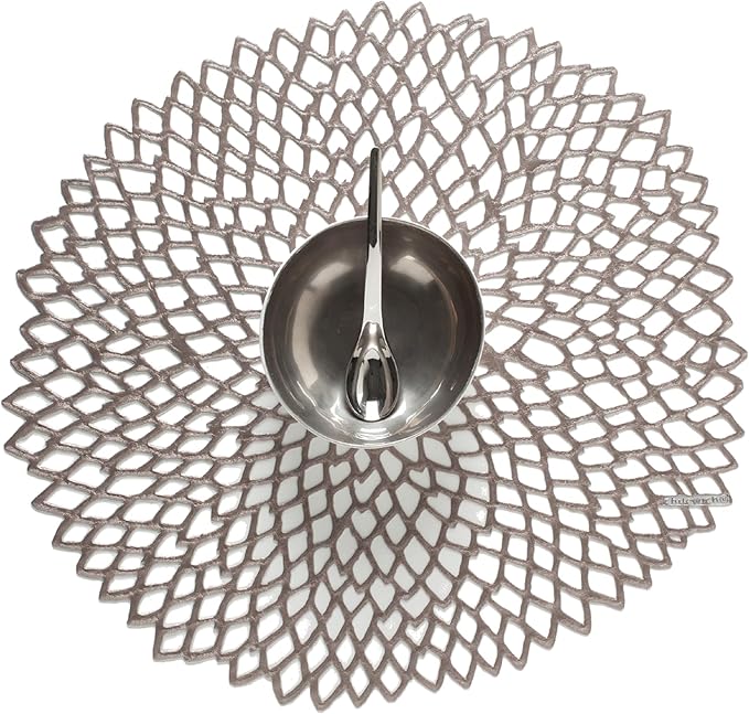 Chilewich Set of 8 - Pressed Dahlia Placemats in Gunmetal - Easy Care Openwork Table Mats - Indoor/Outdoor - 15.25'' x 14.25'' Round Chargers