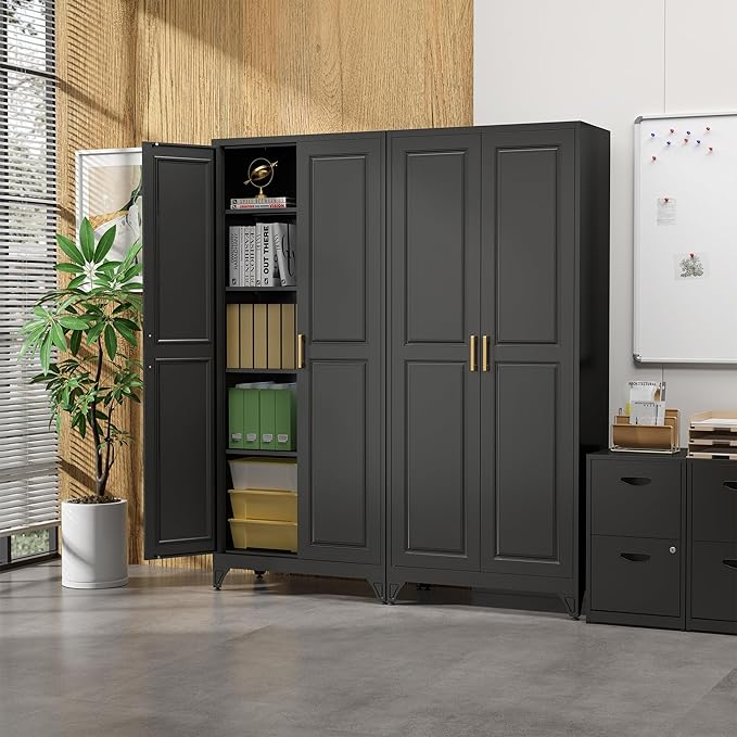 Kitchen Pantry Cabinet,75?쒫lack Metal Storage Cabinets with Doors and 4 Adjustable Shelves,Kitchen Cabinet with 2 Gold Handles,Tall Cabinet for Livingroom, Bathroom