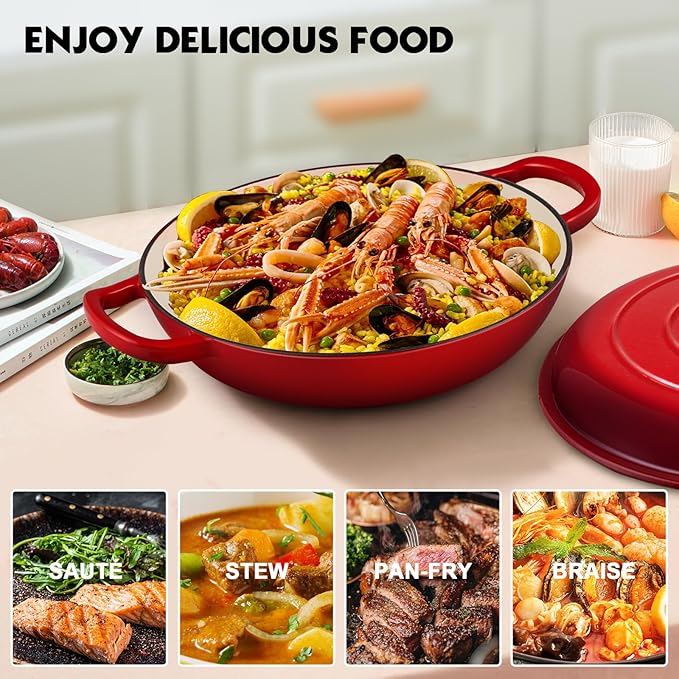 Overmont Enameled Cast Iron Dutch Oven - 3.8 Quart Dutch Oven Pot with Lid - Shallow Cookware Braising Pan - Cast iron Casserole with Cookbook & Heat-resistant Caps - Oven Safe up to 500째 F