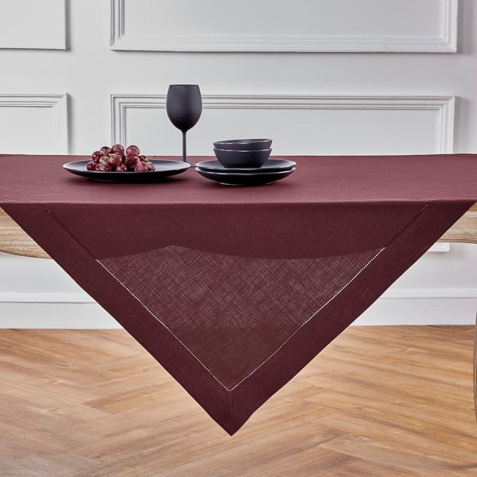 Solino Home Linen Square Tablecloth 52 x 52 Inch - 100% Pure Linen Burgundy Table Throw - Classic Hemstitch, Machine Washable Table Cloth for Winter, Valentines