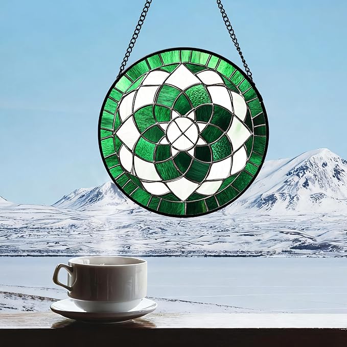 Stained Glass Window Hanging Abstract Green Flower Large 15" - Suncatcher Door Garden Sun Catcher Ireland Decor Birthday Mother's St. Ripack's Day Gift for Woman Mom Men Friend Nana Wife